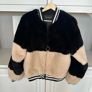 Women's Black and Tan Faux Fur Jacket